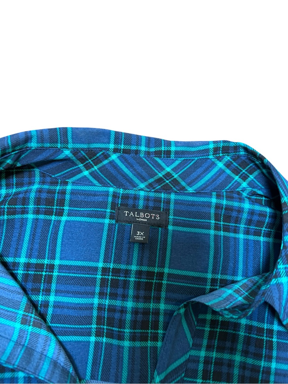 Talbots blue plaid long roll tab sleeve button top size 3X lightweight collared - Picture 4 of 10